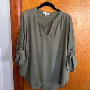 Chaus NY camo green v- neck blouse with 3/4 button sleeves
